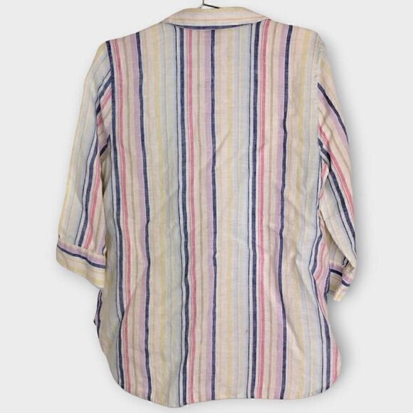 Chicos Womens Top Sz 8 Linen Stripes 3/4‎ Sleeves Button Front Pocket Casual - Picture 2 of 10